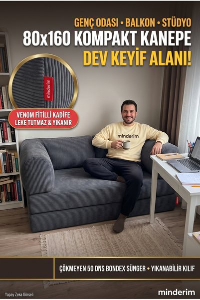 Minderim PİXEL Fitilli Kadife Kanepe | 50 DNS Çökmez Sünger | Yıkanabilir Kıl...