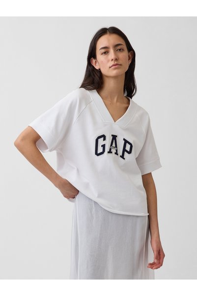 GAP Kadın Beyaz Fransız Havlu Kumaş Oversized Logo V-Yaka Sweatshirt
