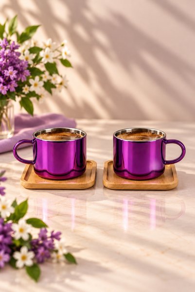 DECOFORM Borsilikat Bambu Tabaklı Aynalı Cam fincan Takımı,Isıya Dayanıklı Tü...
