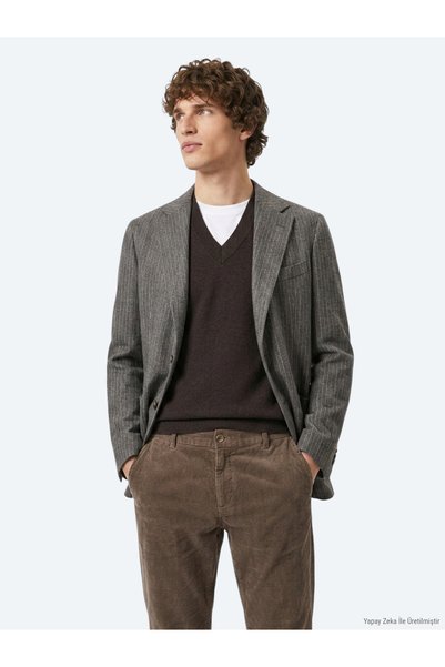 Kip Kahverengi Desenli Modern Fit Yün Karışımlı Ceket