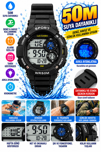 onlinekordon Dijital Çocuk Kol Saati 50M Water Resistant Suya Dayanıklı Deniz...