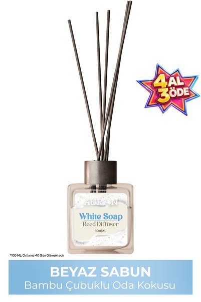 AURAN White Soap - Beyaz Sabun Kare Bambu Çubuklu Oda Kokusu 100ml