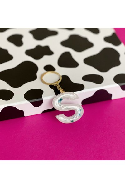 Gift Moda White Epoxy Keychain with Special Real Dried Flowers