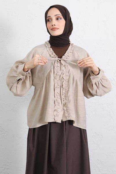 zenne Collared Lace-Up Ruffle Shirt Y0108 - Beige