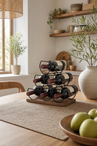 OEM Suport metalic pentru 6 sticle de vin, cu bază din lemn, 30x16,5x29 cm