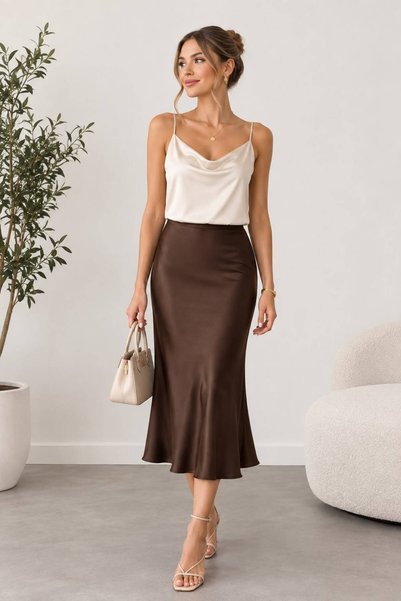 SUNEH Brown Elastic Waist Plain Satin Skirt