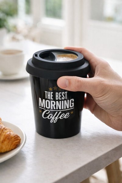 OEM Cană de cafea cu capac din silicon, ceramică neagră lucioasă, mesaj The b...
