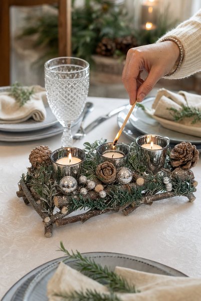 DD SHOP Suport Decorativ Triplu pentru Lumanari tip Pastila de Craciun cu Lem...