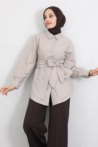 zenne Cross Belted Shirt Y0105 - Stone Color