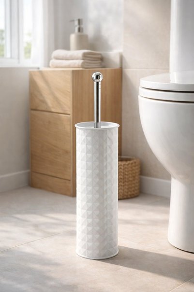 OEM Perie WC cu suport metalic alb, model reliefat tip fagure și mâner argint...