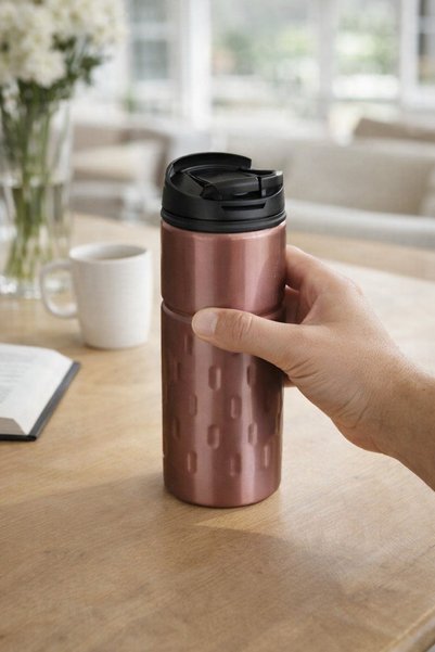 OEM Pahar Cafea Bronz Metalic cu Capac Negru & Gura de Scurgere 450ml