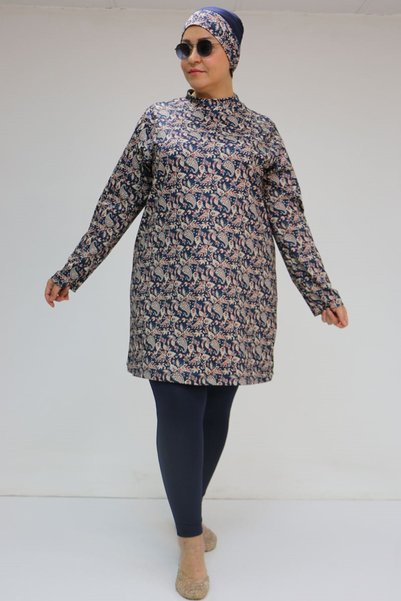 Eslina 1727 Large Size Long Sleeve Hijab Swimsuit Set - Ethnic Pattern Navy Blue