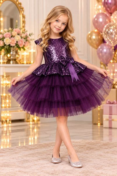 ABİYEKİDS Sequined Plum Children's Evening Dress Show Party Dress 23Nisan Dre...