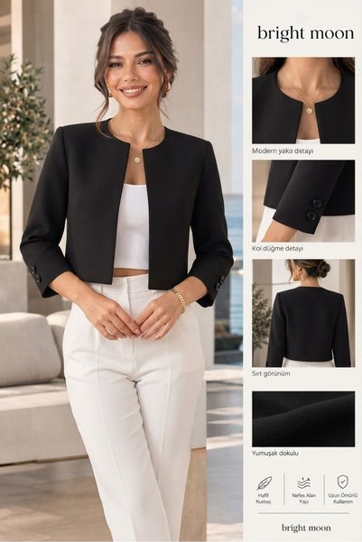 bright moon Zero Collar Short Crop Blazer Jacket - Stylish Office Jacket with...