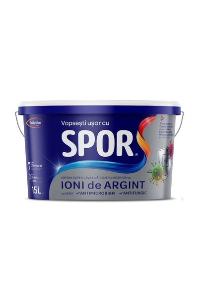SPOR Vopsea lavabilă pentru interior, 15 L cu ioni de argint, SPOR, alb mat /...