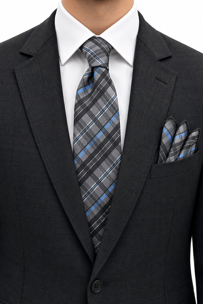 Brianze Gray Blue White Plaid Pattern Tie Handkerchief Set
