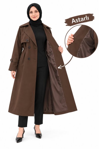 Yağızlar Giyim Kadın Kahverengi Önü Düğmeli Kuşaklı Astarlı Bolero Trençkot