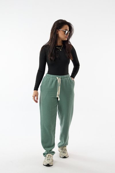 COCOPELLI Pantaloni largi de damă din țesătură cu nervuri, design, verde ment...