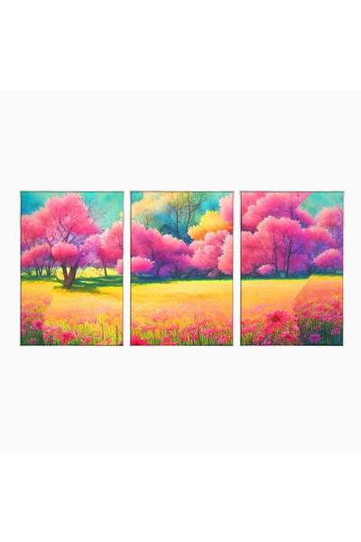 Luxcanva Set 3 Tablouri Canvas Copaci Roz 120x60 cm (3 x 40x60) cu Rama Argin...