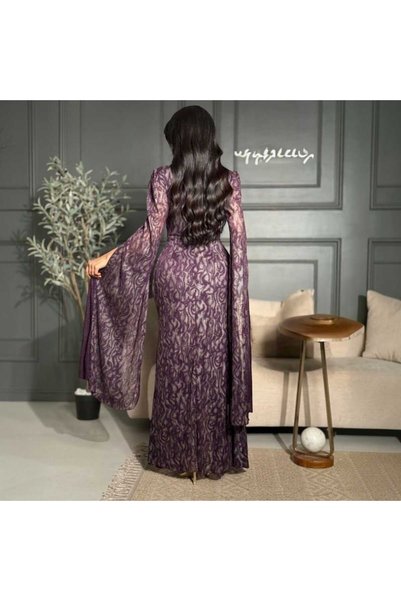ARENA-SA Royal Purple Long Evening Dress Luxury Patterned with Cape Sleeves Drop Shoulder Evening Dress