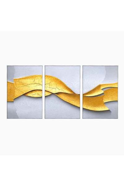 Luxcanva Set 3 Tablouri Canvas Curbe Aurii Abstracte 120x60 cm (3 x 40x60) cu...