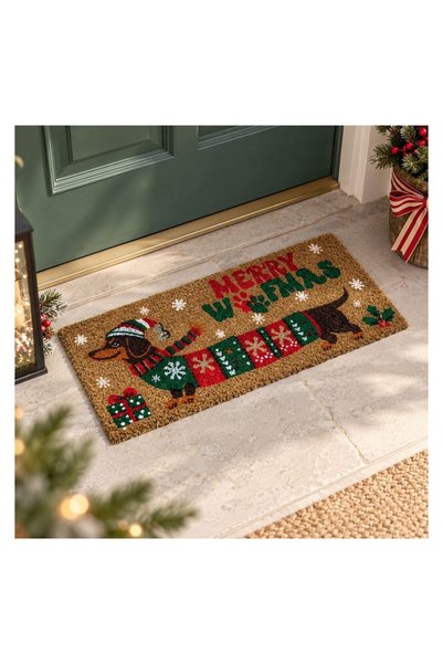 OEM Covoraș de intrare maro de Crăciun cu cățel și mesaj Merry Woof-mas, 60 x...