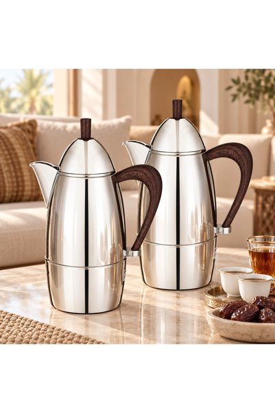REFAN Silver Tea and Coffee Thermos Set with Wood-Look Details – 2 Pieces 1 L...