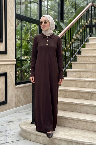 Nuss Long Knit Dress with Button Detail on Sleeves and Neckline, 801 Brown.