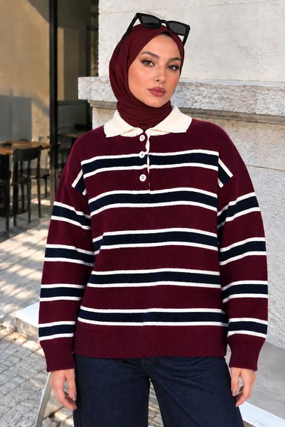 Tesettür Dünyası Half-Button Striped Polo Collar Sweater Tsd260380 Plum