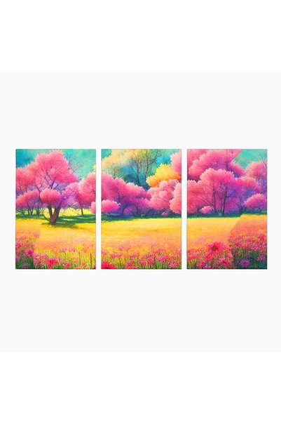 Luxcanva Set 3 Tablouri Canvas Copaci Roz 120x60 cm (3 x 40x60) pe Sasiu Lemn...