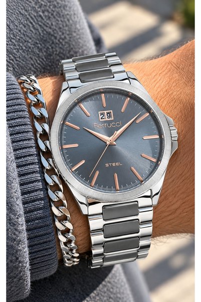 Ferrucci -Steel- Calendar-Silver Steel Strap-Steel Case, Blue Dial-Men's Wris...