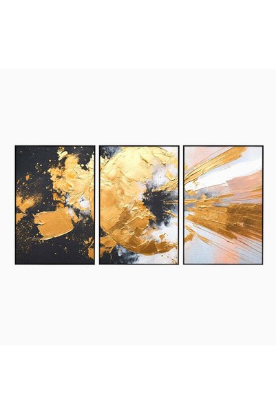 Luxcanva Set 3 Tablouri Canvas Explozie De Aur 150x70 cm (3 x 50x70) cu Rama ...