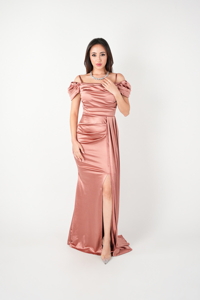 BEYBOS Satin Fabric Gathered Shawl Detailed Evening Dress - Pudra