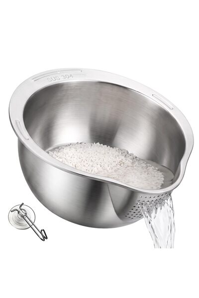 SAGREENY Stainless Steel Rice Washing Bowl with Strainer, 304 Food-Grade Cola...