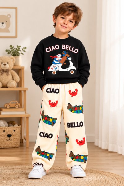 ışık kids Boys' Printed Sweatshirt and Wide-Leg Pants 2-Piece Set