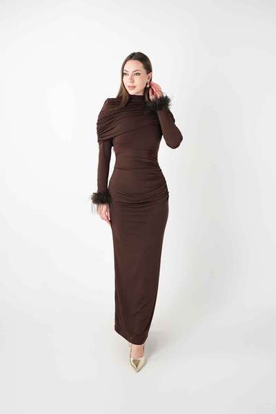 BEYBOS Sandy Fabric Dress with Otriş Detail on the Sleeves - Brown