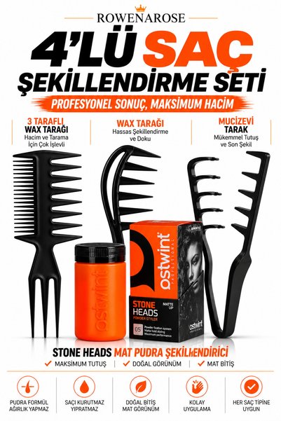 ROWENAROSE 4’lü Saç Şekillendirme Seti – Stone Heads Mat Pudra ve 3 Farklı Tarak
