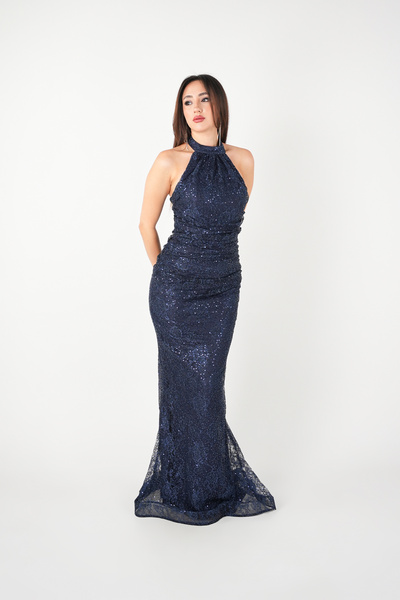 BEYBOS Lace Fabric Stone Detailed Halter Neck Evening Dress - Dark Blue