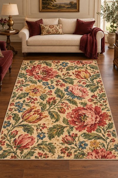 on the clouds Covor clasic vintage pentru living, cu flori mari, cu imprimeu ...