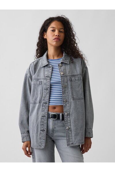 GAP Kadın Gri Denim Oversized Gömlek Ceket