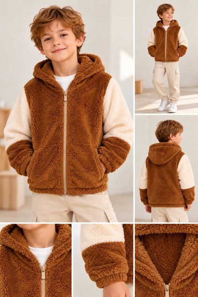 BEBEĞİME ÇORAP Boys' Hooded, Zippered, Plush Cardigan—Two-Tone, Soft-Textured...