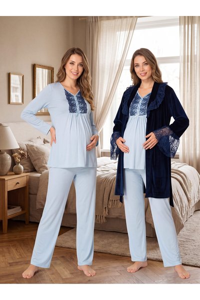 Lohusa Homewear New Season Blue Lace-Detailed, Easy-Breastfeeding Design, Lon...