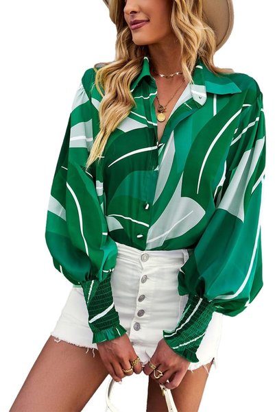 OtherMax Bluză Damă Oversize cu Decolteu în V Elegantă Fluidă Casual Verde Mă...