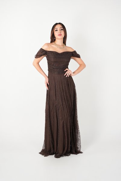 BEYBOS Full Lace Collar Evening Gown - BROWN
