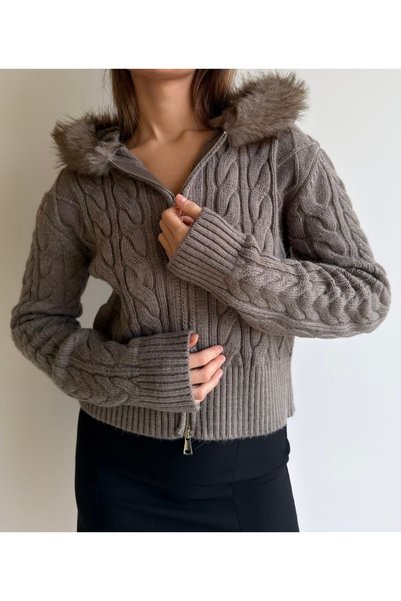 buqre's moda Cardigan din tricot cu glugă și detaliu cu fermoar la spate