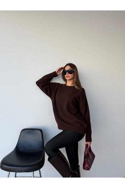 LE CARAMBOLE Pulover oversize pentru femei, de culoare maro, cu decolteu rotu...