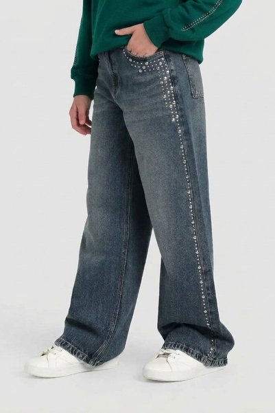 Escabel Caren Kids- Kız Çocuk Zımba Detaylı Geniş Paça Kot Pantolon