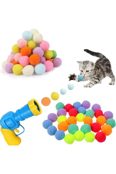 Jumairaye Cat Interactive Ball Launcher Toy, 50 Soft Pom Pom Balls, Indoor Tr...