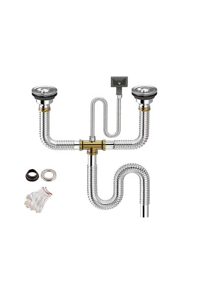 AZONEE Kitchen Double Sink Downpipe Fittings, Stainless Steel Drain Pipe Kit ...