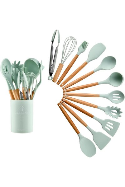 Arabest 11-Piece Silicone Cooking Utensil Set with Bamboo Wood Handles, Green